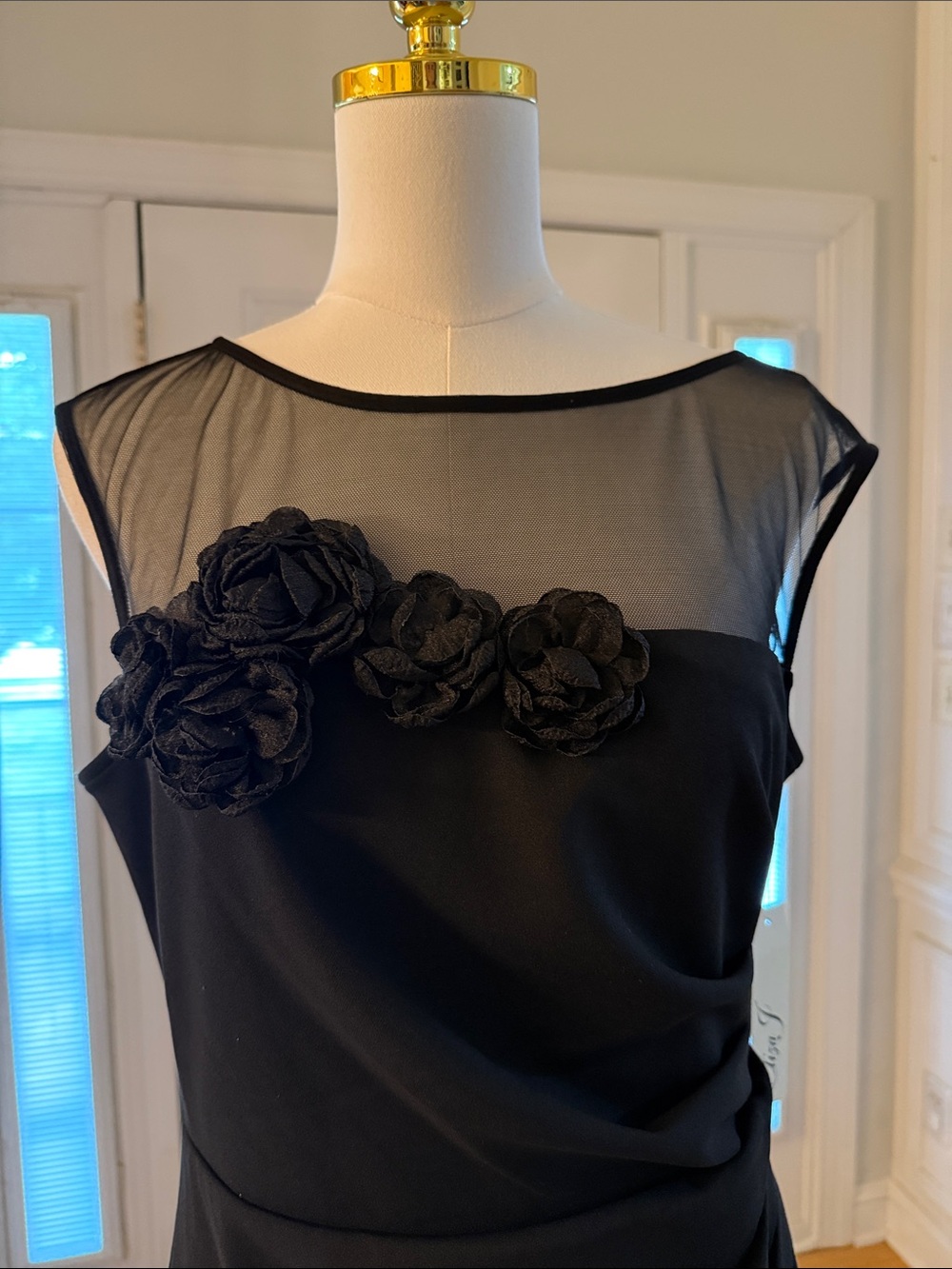 Eliza J Black Sheath Dress with Mesh Yoke and Floral Appliqué - Picture 3 of 5
